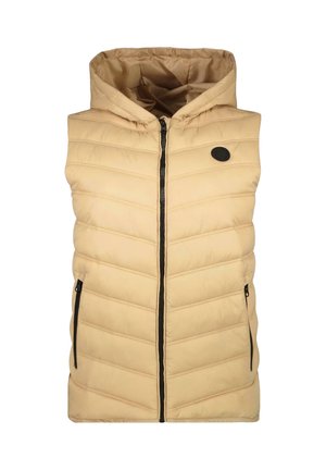 Mouwloze beige puffer vest met een capuchon, featuring een chevron quilted ontwerp, voorkant rits en twee zijzakken met zwarte hardware accenten.