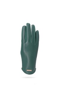Guanto in pelle verde con una superficie liscia, dotato di cinque dita e un'etichetta di branding discreta nella zona del polso.