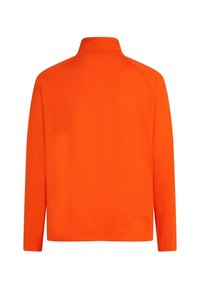Oranje langesleeve jas met hoge kraag, een gladde textuur en raglanmouwen; geen zichtbare branding of patronen op de achterkant.