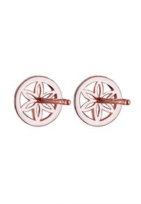 Orecchini circolari in oro rosa con un design a fiori intagliato e superficie liscia, dotati di un robusto perno per un indosso sicuro.