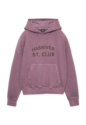 Hooded sweatshirt in muted purple fabric with a front pocket, featuring dark brown text "HASRIVER ST. CLUB" centered on the chest.