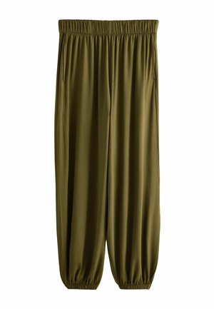 Pantaloni largi verde măsliniu cu talie elastică și manșete la glezne, cu buzunare laterale.