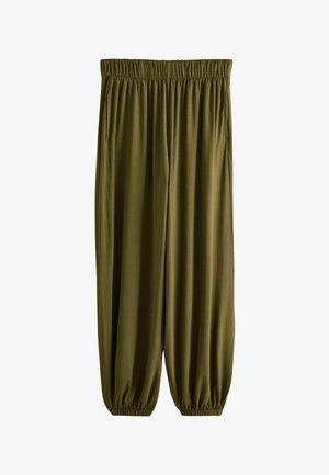 Pantaloni largi verde măsliniu cu talie elastică și manșete la glezne, cu buzunare laterale.