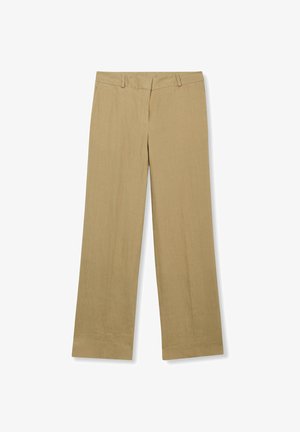 Beige gerade geschnittene Hose mit Gürtelschlaufen, vorderem Reißverschluss und flachem Bund, flach auf weißem Hintergrund liegend dargestellt.