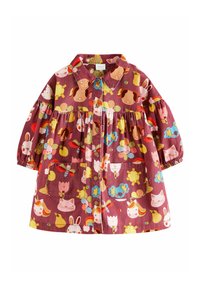 Robe boutonnée bordeaux avec des motifs colorés d'animaux de dessin animé et de fleurs, dotée de manches bouffantes, de deux poches frontales et d'une taille froncée.