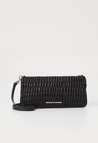 Black clutch bag made of textured leather with a gathered design, featuring a detachable strap and a metallic accent bar on the front.