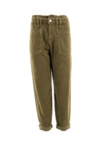 Pantalones de pana verde oliva con cintura alta, dos bolsillos frontales y puños doblados. Presenta botones y detalles metálicos.