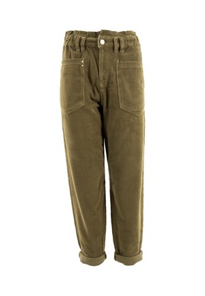 Pantaloni in corduroy verde oliva con vita alta, due tasche anteriori e orli arrotolati. Presentano bottoni e dettagli in metallo.