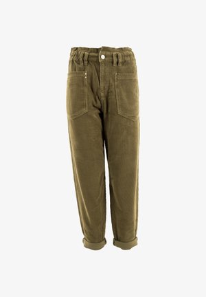 Pantaloni in corduroy verde oliva con vita alta, due tasche anteriori e orli arrotolati. Presentano bottoni e dettagli in metallo.