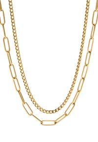 Złocony naszyjnik z dwiema warstwami łańcuchów; jeden z owalnymi ogniwami, a drugi z okrągłymi ogniwami, z teksturowanym wykończeniem.