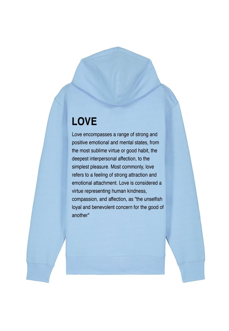 Hoodie bleu clair avec un grand design en texte noir au dos, centré avec le mot "AMOUR" et un texte descriptif sur sa signification.