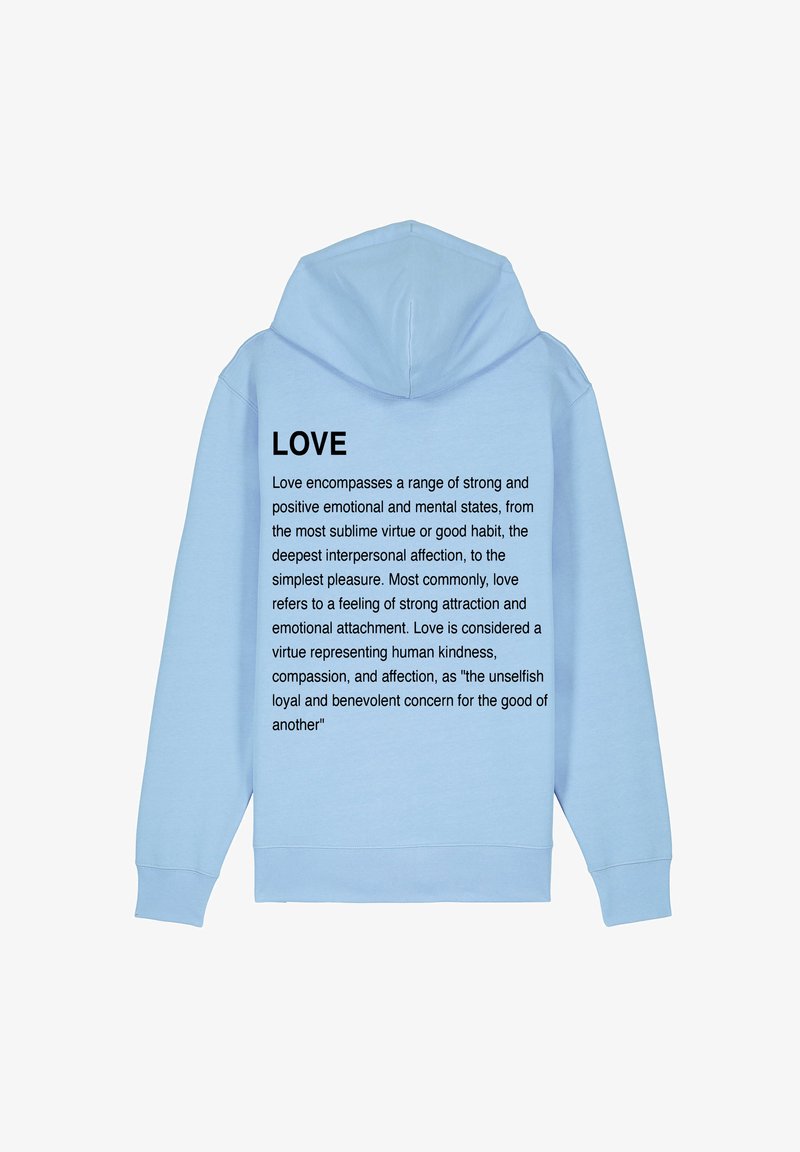 Hoodie bleu clair avec un grand design en texte noir au dos, centré avec le mot "AMOUR" et un texte descriptif sur sa signification.