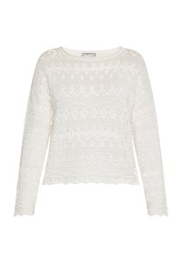 Maglione bianco lavorato a maglia con maniche lunghe, motivo testurizzato e orlo smerlato. Presenta un design ad aereazione con motivi a diamante e zigzag.