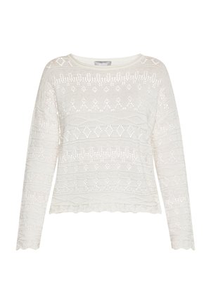 Suéter blanco de punto con mangas largas, patrón texturizado y dobladillo con borde en ondas. Presenta un diseño de calado con motivos de diamantes y zigzags.