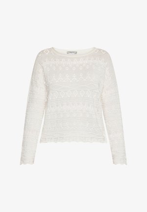 Biały sweter dziany z długimi rękawami, o teksturowanym wzorze i falbaniastym dolnym wykończeniu. Posiada ażurowy design z motywami diamentów i zygzaków.