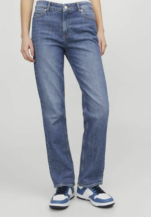 Jeans in denim blu con una vestibilità dritta, caratterizzati da un classico design a cinque tasche, dettagli di cucitura sottili e una vita con chiusura a bottone.