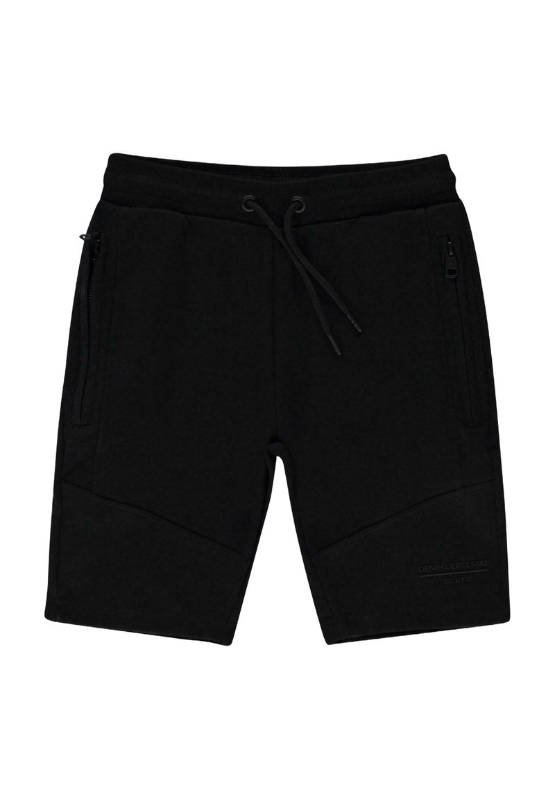 Zwarte shorts van zachte stof, met een elastische tailleband met koord, zijzakken met rits en een slank, fitted ontwerp.