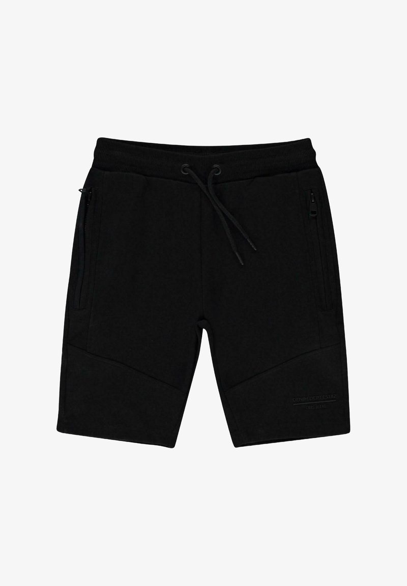 Zwarte shorts van zachte stof, met een elastische tailleband met koord, zijzakken met rits en een slank, fitted ontwerp.