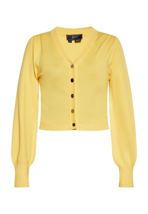 Yellow knit cardigan featuring a V-neck, long puff sleeves, and five black buttons down the front. Ribbed cuffs and hem add texture.