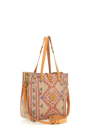Borsa tote in tela con motivi geometrici rossi e blu, manici in pelle color cuoio e tracolla regolabile.