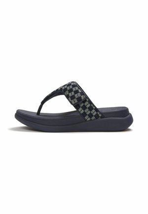 Navy blue cushioned flip-flop sandal with checkered fabric strap and adjustable Velcro, side view on white background.