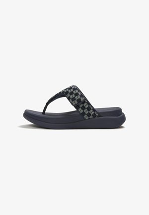 Navy blue cushioned flip-flop sandal with checkered fabric strap and adjustable Velcro, side view on white background.