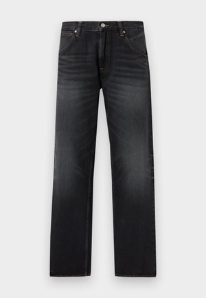 Men's straight-leg black jeans with faded detailing, front button closure, and front side pockets.