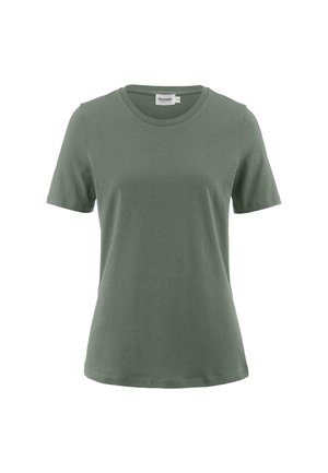 Maglietta a maniche corte verde oliva realizzata in morbido cotone. Presenta un collo rotondo e una vestibilità comoda, senza fantasie o elementi metallici visibili.