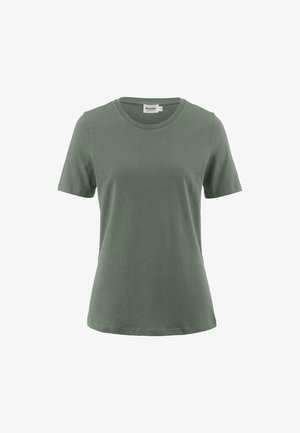 Maglietta a maniche corte verde oliva realizzata in morbido cotone. Presenta un collo rotondo e una vestibilità comoda, senza fantasie o elementi metallici visibili.