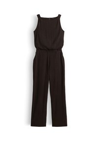 Sleeveless black textured jumpsuit with wide legs, fitted waist, and square neckline against a white background.