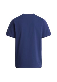 T-shirt uni bleu marine à manches courtes avec col rond, présenté de dos sur un fond blanc.