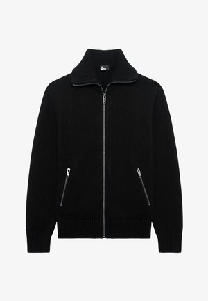 Suéter negro de punto con cremallera, cuello, puños y dobladillo acanalados, y dos bolsillos laterales con cremallera.