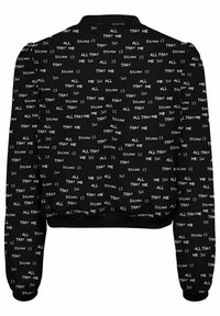 Sweat-shirt noir court avec un motif répétitif de texte blanc. Col et poignets côtelés, texture douce et coupe décontractée.