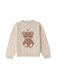 Maglione lavorato a maglia color beige chiaro con una grafica di un orso bruno con dettagli neri e un piccolo cuore sopra, polsini e cintura a coste.
