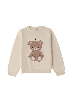 Maglione lavorato a maglia color beige chiaro con una grafica di un orso bruno con dettagli neri e un piccolo cuore sopra, polsini e cintura a coste.
