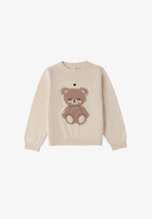 Maglione lavorato a maglia color beige chiaro con una grafica di un orso bruno con dettagli neri e un piccolo cuore sopra, polsini e cintura a coste.