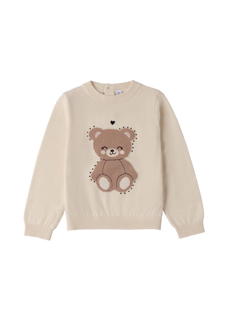 Maglione lavorato a maglia color beige chiaro con una grafica di un orso bruno con dettagli neri e un piccolo cuore sopra, polsini e cintura a coste.