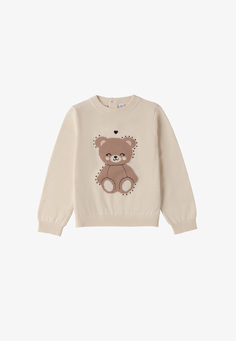 Maglione lavorato a maglia color beige chiaro con una grafica di un orso bruno con dettagli neri e un piccolo cuore sopra, polsini e cintura a coste.