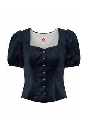 Marineblaue Samtbluse mit kurzen Puffärmeln, quadratischem Ausschnitt und dekorativen Knöpfen auf der Vorderseite. Glatte Textur und taillierter Schnitt.