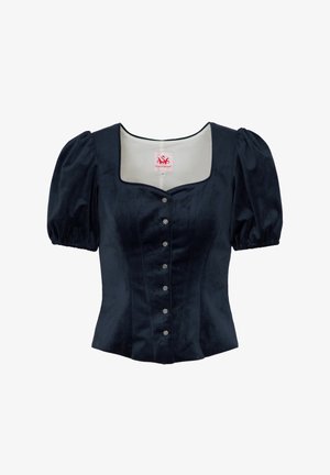 Navyblauw fluwelen blouse met korte pofmouwen, vierkante halslijn en decoratieve knopen aan de voorkant. Gladde textuur en aansluitend ontwerp.