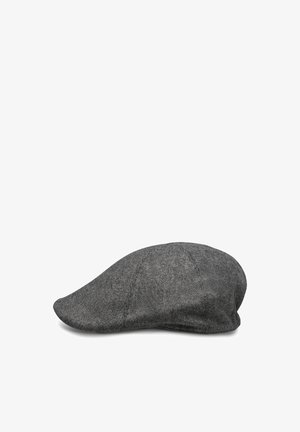 Dunkelgraue Tweed-Schirmmütze mit gebogenem Schirm und Nahtdetails, auf einem weißen Hintergrund präsentiert.