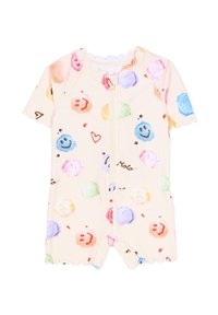 Maillot de bain à manches courtes en tissu pêche, présentant des boules de glace colorées et des visages souriants, avec une fermeture éclair sur le devant et des ouvertures de jambe à bords festonnés.