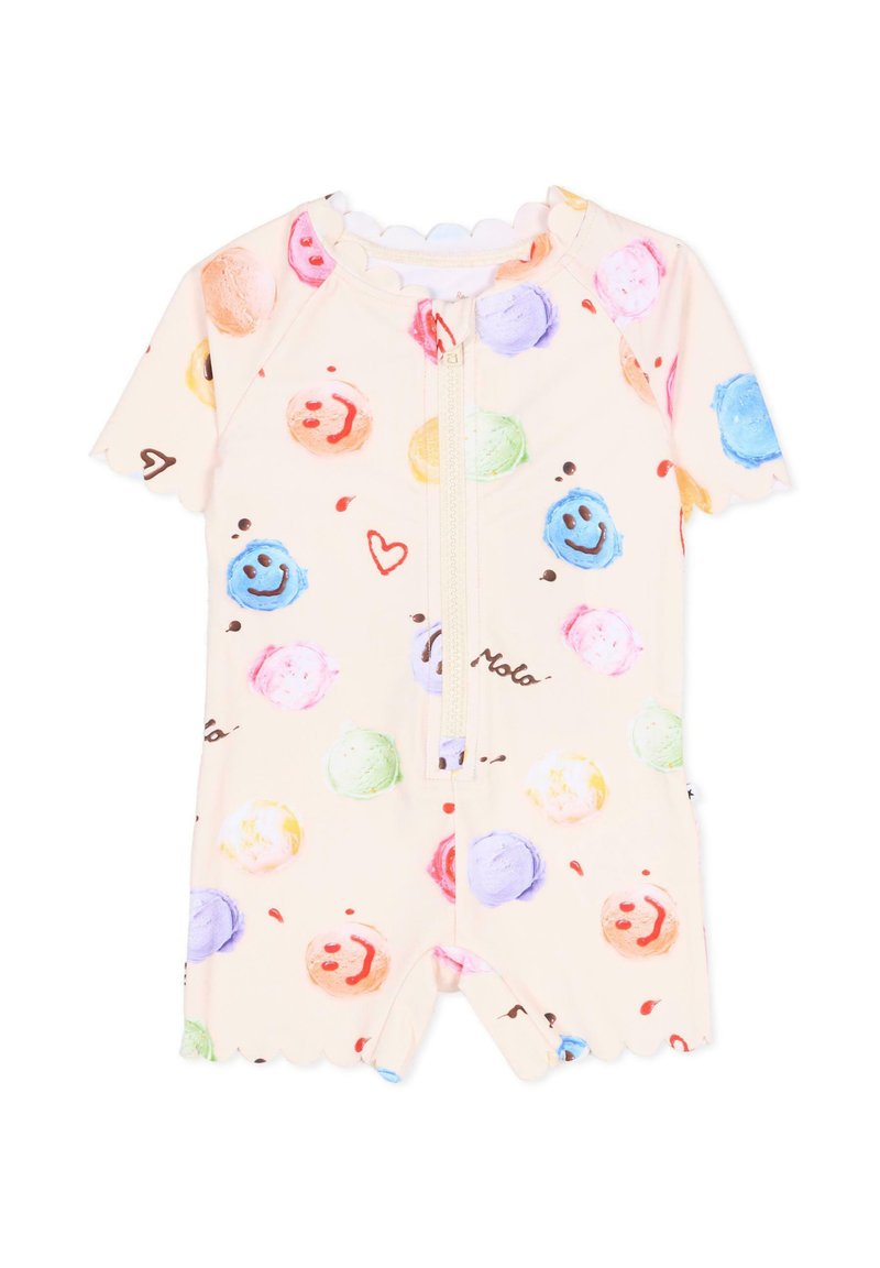 Maillot de bain à manches courtes en tissu pêche, présentant des boules de glace colorées et des visages souriants, avec une fermeture éclair sur le devant et des ouvertures de jambe à bords festonnés.