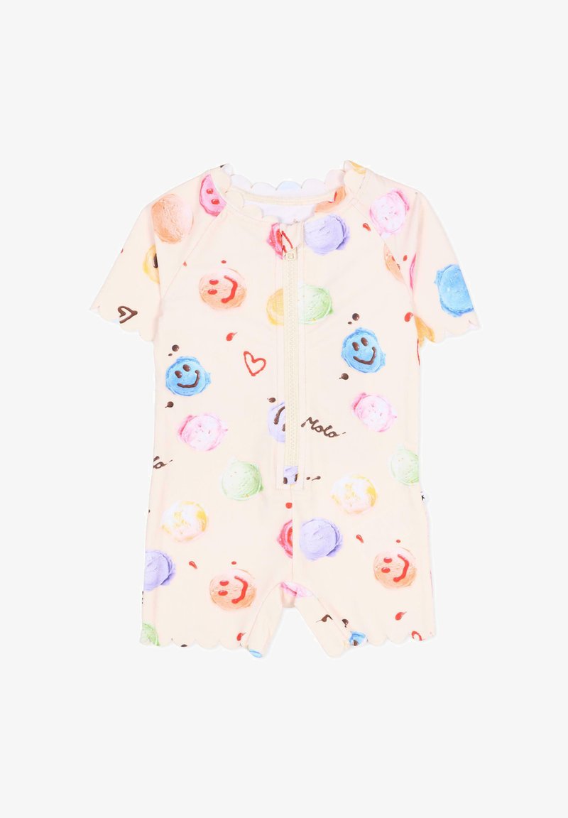 Maillot de bain à manches courtes en tissu pêche, présentant des boules de glace colorées et des visages souriants, avec une fermeture éclair sur le devant et des ouvertures de jambe à bords festonnés.