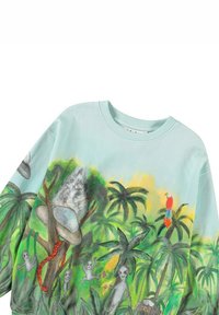 Felpa verde menta con una vivace stampa jungle che presenta alieni, un serpente rosso e piante tropicali. Collo a giro e maniche lunghe.