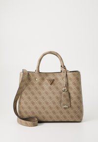 Beige håndtaske med monogrammønster. Struktureret form, dobbelt håndtag, aftagelig skulderrem og et lille mærke med logo accent.