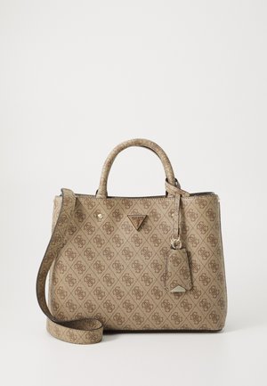Beige handbag with a monogram pattern. Structured shape, dual handles, detachable shoulder strap, and a small tag with logo accent.
