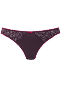 Kantjele thong in diep paars met een bloempatroon, voorzien van fuchsia picotafwerking en een kleine lintaccent aan de achterkant.