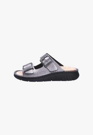 Silver textured open-toe sandal with two adjustable buckles and a thick black rubber sole.