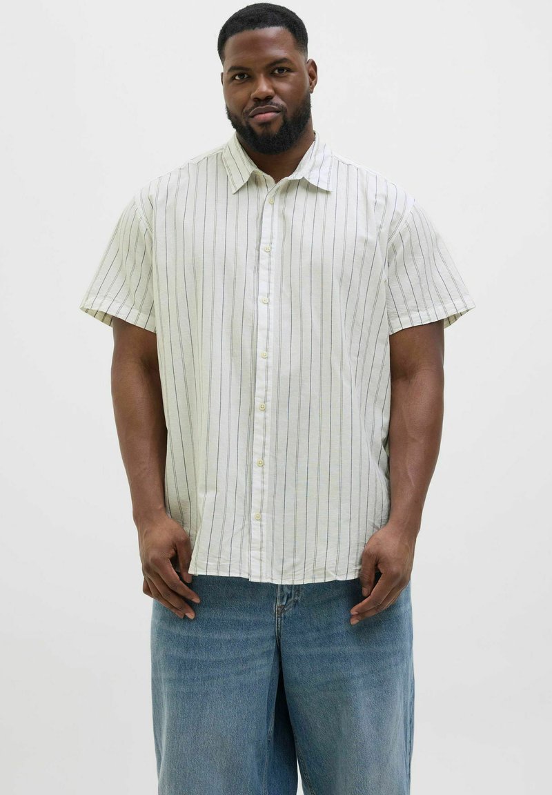 Short-sleeve, button-up shirt in light cream with vertical blue stripes. Soft fabric, relaxed fit, and standard collar design.